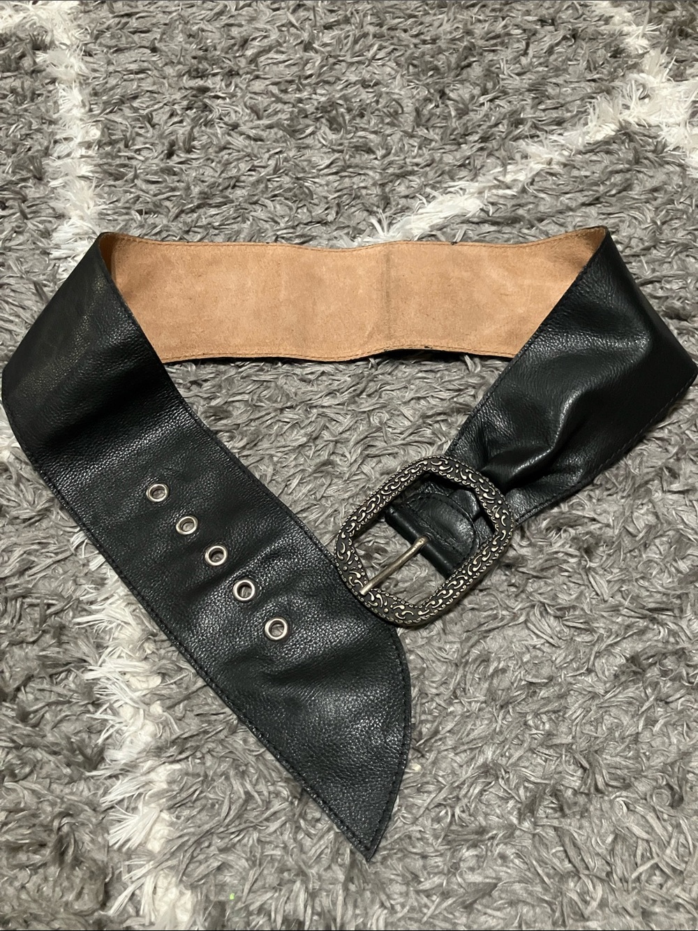 Wide Black Leather Waist Belt with Ornate Buckle